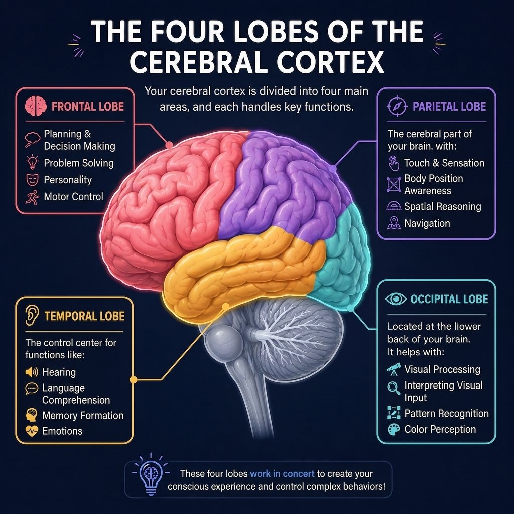 Diagram showing the four lobes of the cerebral cortex
