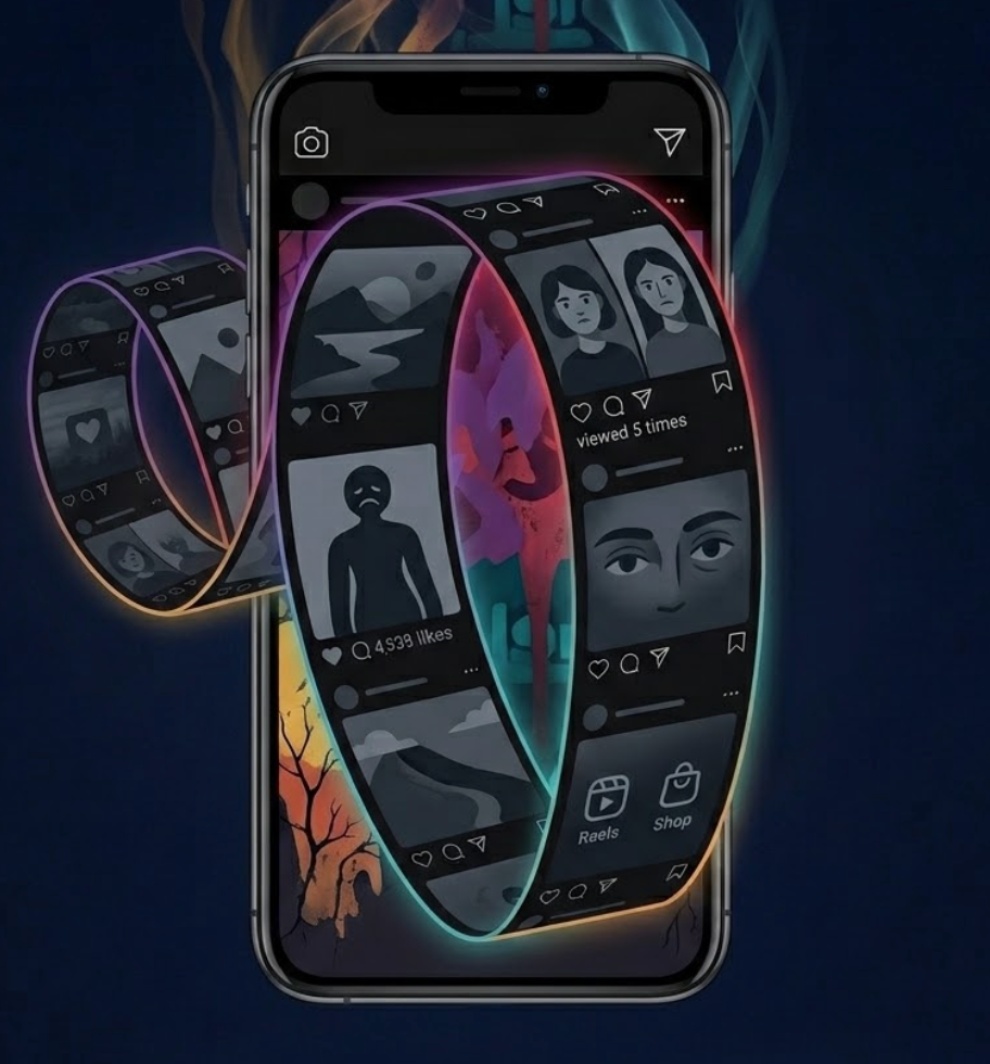 Scrolling loop illustration showing a phone with an infinite feed spiralling outward