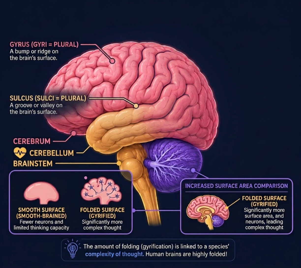Diagram showing gyri, sulci and fissures on the brain's surface